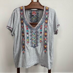 Johnny Was Embroidered Boho Top Gray XL | Festival Ethnic Tee